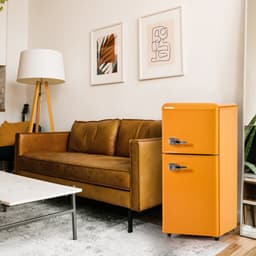 Retro koelkast. Vriescombinatie. 86,8 cm hoog, 45,5 cm breed, tweedeurs, met een totaal volume van 60 liter en een vriescapaciteit van 22 liter. 102 kWh/jaar, -27°C ~ 13°C, led-verlichting. Premium geel energieklasse E — thumbnail 5
