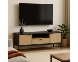 Fameilleur -TV-Meubel met visgraat design – 120x40x45 cm –Moderne TV-Kast met Lade & Deurtjes –Industrieel TV-Dressoir – Houtlook met Zwarte Accenten -Kabeldoorvoer -Woonkamer TV-Tafel met Veel Opbergruimte-TV Kast-houten tv meubel- televisie meubel-