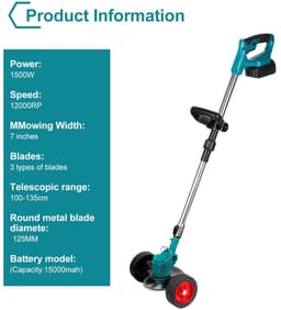 Amolass - Elektrische Grasmaaier - Grastrimmer - 2 Batterijen - 1500W - 12,5cm Diameter - Verstelbaar - Opvouwbaar - Blauw — thumbnail 2