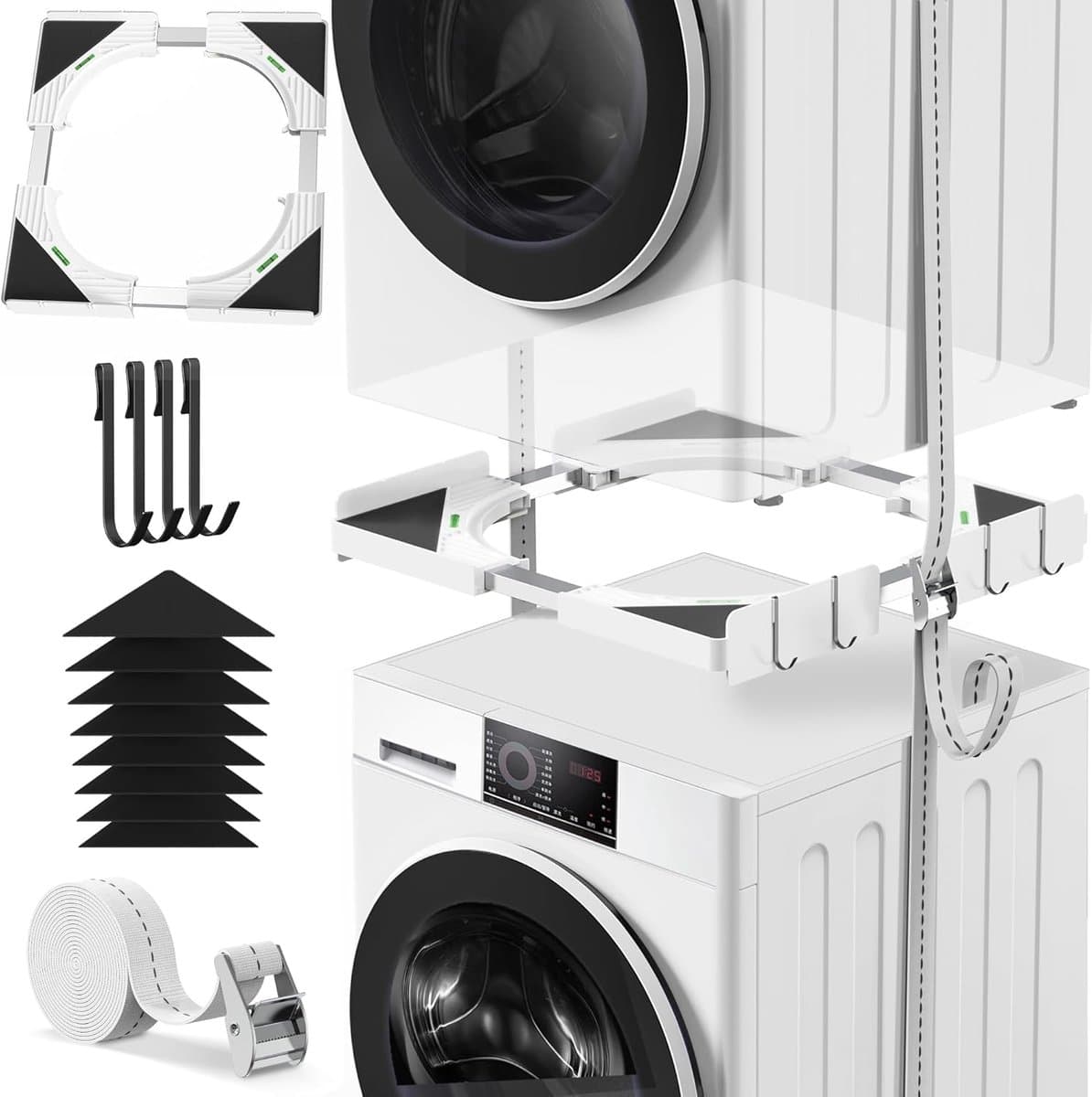 Ultradunne Universele Stapelset voor Wasmachine en Droger - Diepte Verstelbaar 45-68 cm - Wit - Inclusief Zwarte Ratelband + 4 Haken - TÜV Getest - Ruimtebesparend Tussenframe - Trillingsarm en Veilig — afbeelding 1