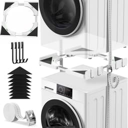 Ultradunne Universele Stapelset voor Wasmachine en Droger - Diepte Verstelbaar 45-68 cm - Wit - Inclusief Zwarte Ratelband + 4 Haken - TÜV Getest - Ruimtebesparend Tussenframe - Trillingsarm en Veilig — thumbnail 1