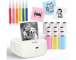 Crafts&Co Mini Pocket Printer met 13 Rollen en 6 Stiften - 24-Uur Batterij - Mobiele Fotoprinter - Interactief Montessori Speelgoed - Draagbare en Thermische Printer - Cadeau voor Jongens en Meisjes - 6, 7, 8, 9, 10, 11, 12, 13, 14+ Jaar - Wit