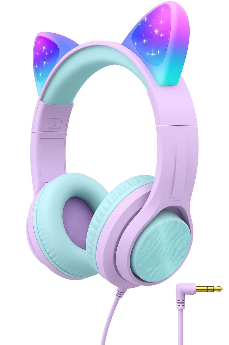 Intelectro Koptelefoon voor Kinderen - Coole LED Verlichting en Helder Geluid - 94Db Begrensd - Verschillende Lichtstanden - Ingebouwde Microfoon - Comfortabel en Draagbaar Ontwerp - Paars - Levering Sneller dan Aangegeven! — afbeelding 1