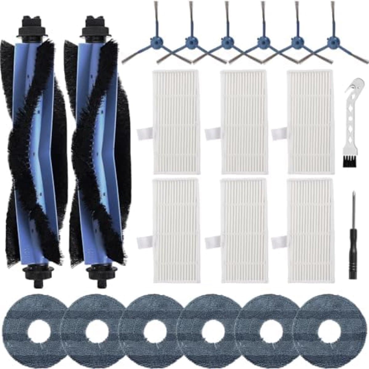 22 stuks reserveonderdelen geschikt voor Eufy Omni C20 stofzuiger, accessoireset met 2 hoofdborstels, 6 zijborstels, 6 dweilen, 6 filters, 1 reinigingsborstel, 1 schroevendraaier — afbeelding 1