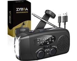 Zybra® Draagbare Noodradio - Powerbank 2000 mAh - Zaklamp - Solar opwindbaar - SOS alarm - USB-C kabel - Noodpakket - Kunststof - Zwart