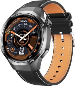 Knobbout 1.53" Stijlvolle Sport Smartwatch – NFC- Kompas, Hoogtemeter, Barometer-Bluetooth Bellen - Draadloos Opladen - hartslag, bloeddruk, zuurstofgehalte (SpO₂) - AI Assistent - medicatie innemen alert - Zwart Leren + Siliconen Band — thumbnail 1