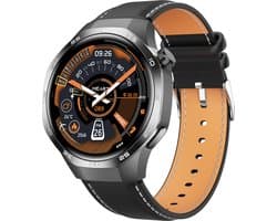 Knobbout 1.53" Stijlvolle Sport Smartwatch – NFC- Kompas, Hoogtemeter, Barometer-Bluetooth Bellen - Draadloos Opladen - hartslag, bloeddruk, zuurstofgehalte (SpO₂) - AI Assistent - medicatie innemen alert - Zwart Leren + Siliconen Band