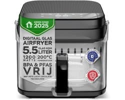 Turbotronic AFG5 Airfryer XXL met glazen bak- BPA & PFAS Vrij - 5.5L - Heteluchtfriteuse - Dual Heating - 40ºC tot 200ºC - 8 Kookprogramma's - Zwart