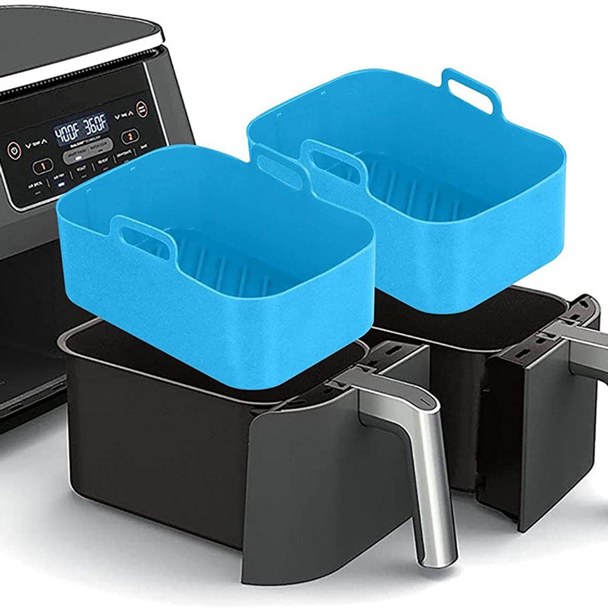2 stucks Airfryer Siliconen Pan Rechthoekig Herbruikbaar Vervangingsvoering Inzetpan Dubbele Mand Kipmat Geschikt voor Ninja Air Fryer Accessoires-blauw — afbeelding 1