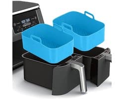 2 stucks Airfryer Siliconen Pan Rechthoekig Herbruikbaar Vervangingsvoering Inzetpan Dubbele Mand Kipmat Geschikt voor Ninja Air Fryer Accessoires-blauw