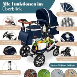 KESSER® Kinderwagen 3 in 1 Loops Wandelwagen Set incl. Autostoel & Reiswieg & Buggy Sportzitje - Massieve Rubberbanden - Luiertas / Regenhoes - Blauw / Zilver — thumbnail 2