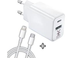 Dutch Quality® USB C Adapter - Oplader - Snellader Stekker - 20W - Incl. kabel geschikt Voor Apple iPhone 14/13/12/10 – Oplaadblok USB - Wit - inclusief oplader kabel 1 meter van USB-C naar lightning