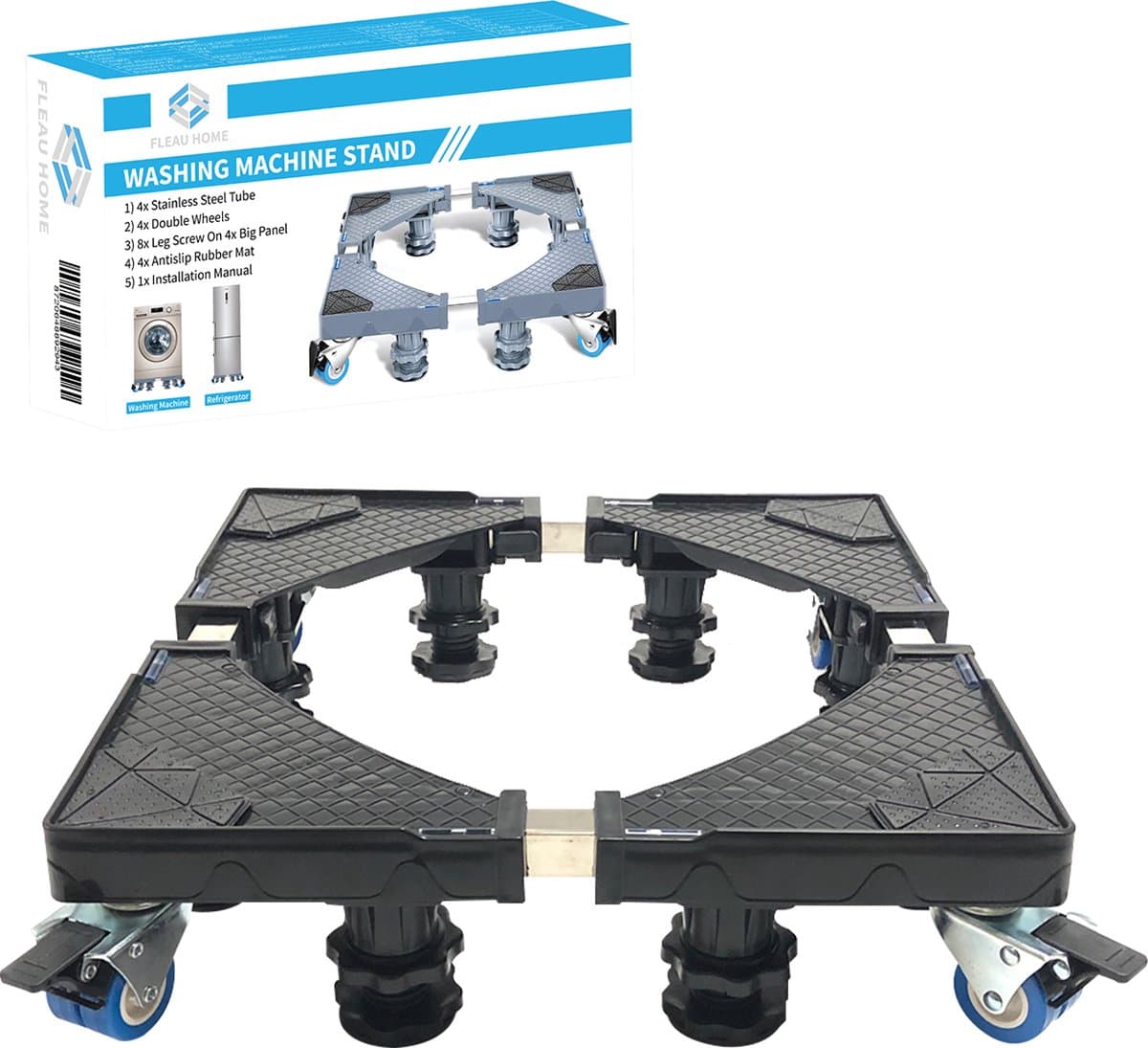 Fleau Home Wasmachine Verhoger PRO - Max 500KG - Met Wielen - Verstelbaar - Droger, Koelkast Kast - Meubelroller - Stapelkit - Opbouwmeubel - Zwart — afbeelding 1