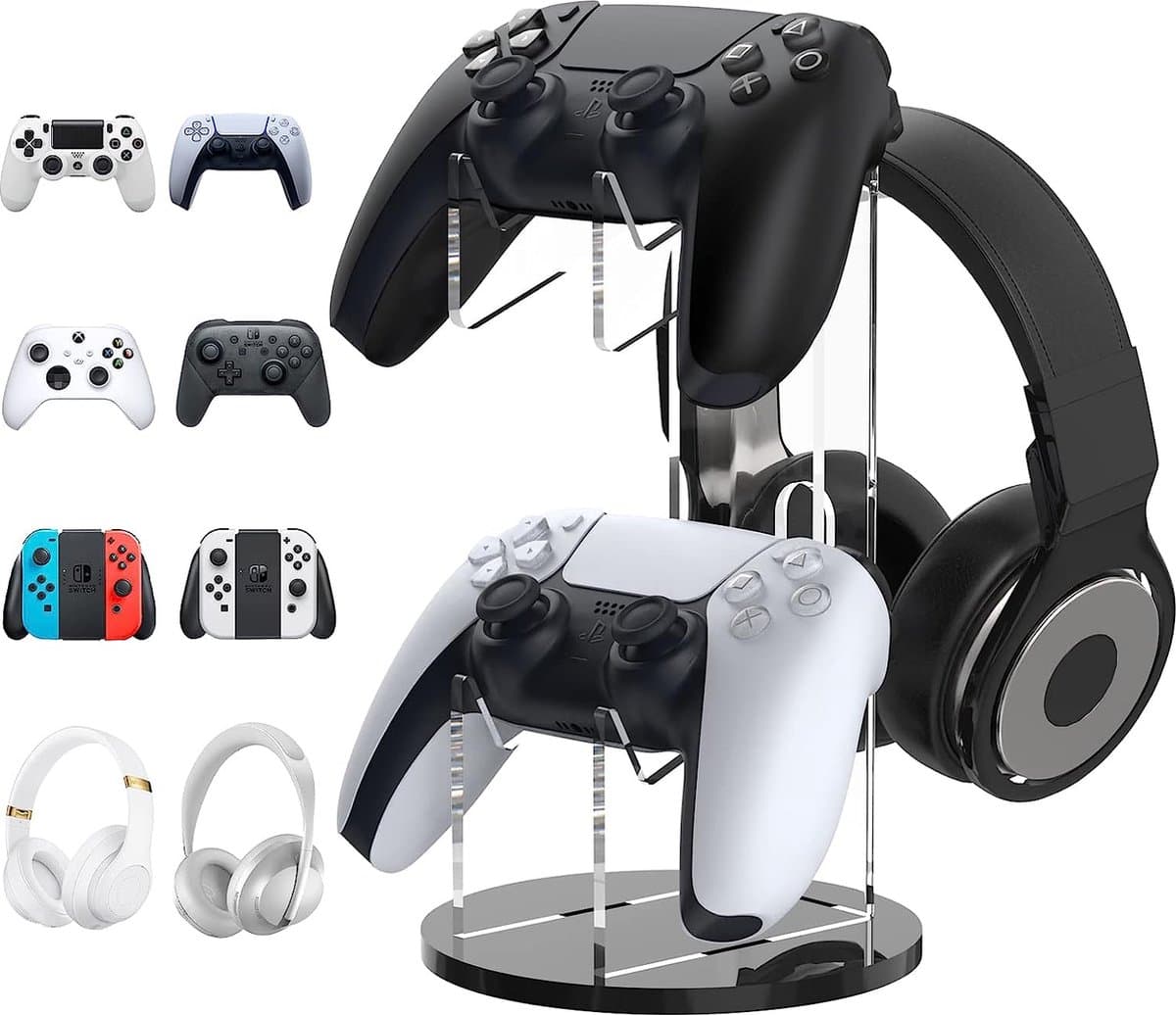 Game Controller houder/headsetstandaard, 2-in-1 acryl universele houder voor houder, gamingaccessoires, controller hoofdtelefoon houder standaard accessoires, zwart — afbeelding 1