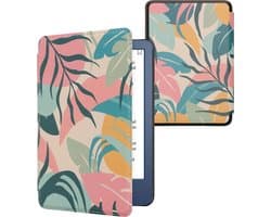 kwmobile e-reader hoesje geschikt voor Amazon Kindle (2022/2024) hoes - E reader flip case met magnetische sluiting - Ereader cover - Tropische jungle design in poederroze / geel / groen