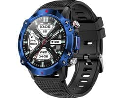 WizBay Premium Select® 1.39inch Sport Smartwatch Dames Heren TFT - Android en iOS - Bellen - Magnetic Laden - Slaap Hart Monitor - O2 Bloeddrukmeter - Sport Modi - Message - Smartwatches - Allu Mat Zwarte Case Blauwe Allu Rim - Zwarte TPU Band