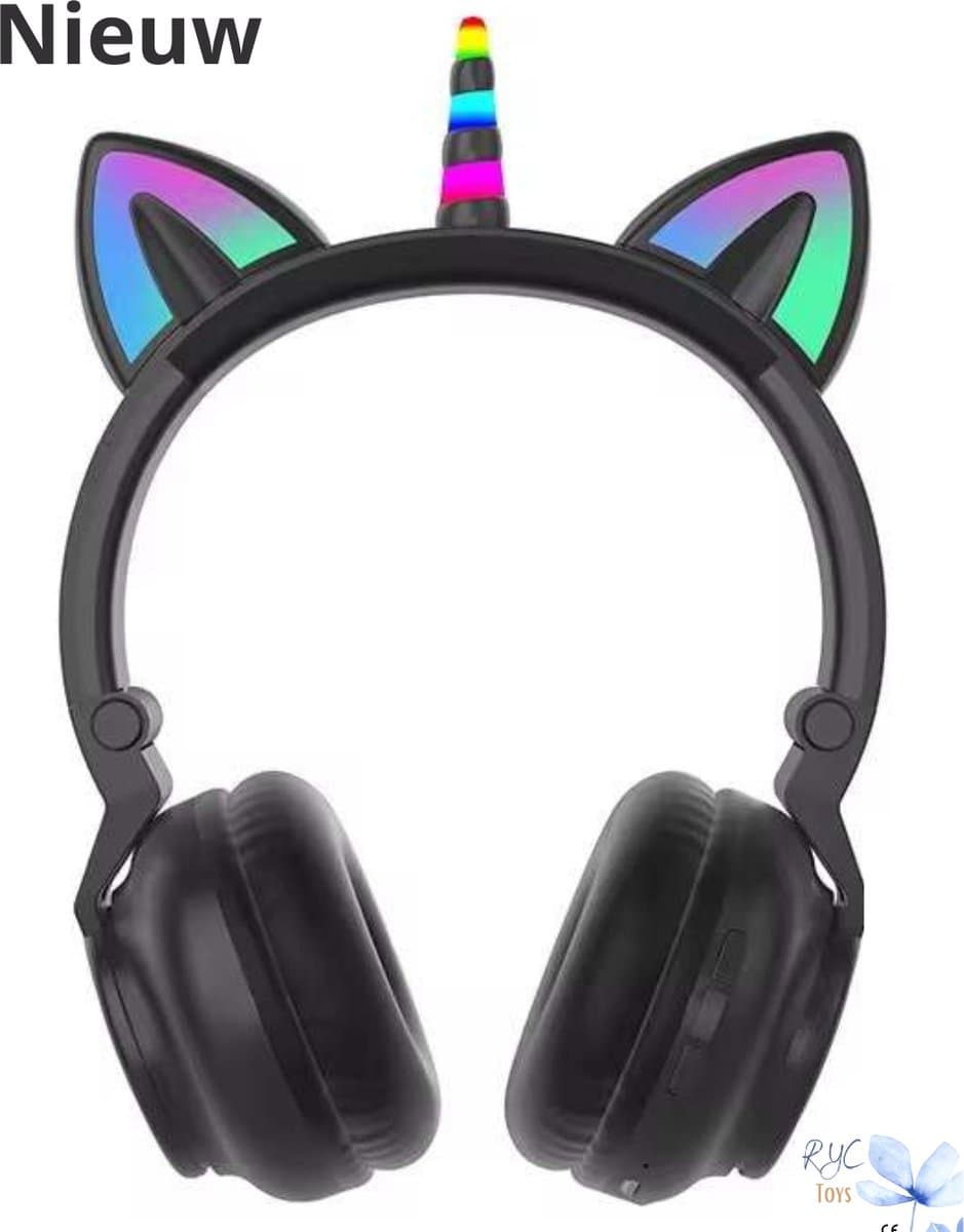 RyC Toys Kinder Hoofdtelefoon unicorn- zwart | Draadloze Koptelefoon- eenhoorn -Kids Headset-Over Ear-Bluetooth-Microfoon-unicorn-Led Verlichting — afbeelding 1