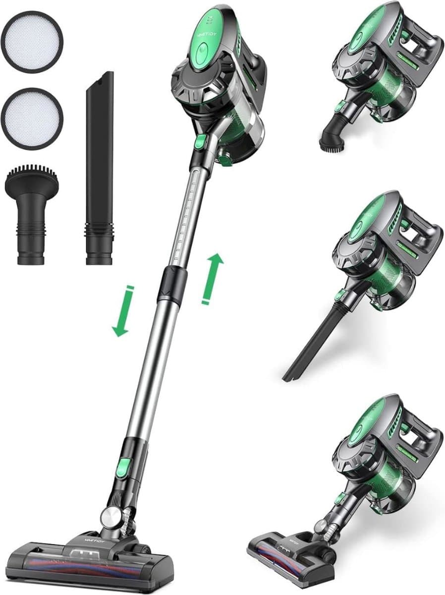 6-in1 Steelstofzuiger Zonder Zak op Accu - Steelstofzuiger Draadloos Uitschuifbaar - Kruimeldief Snoerloos best Verkocht 25KPA – Veelzijdige Kruimeldief best Verkocht – met Krachtige batterij – Zwart/Groen — afbeelding 1