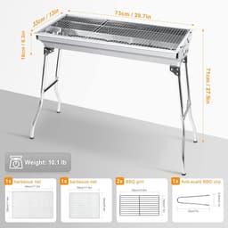 Roestvrijstalen BBQ houtskoolgrill rookgrill opvouwbaar draagbaar voor koken in de open lucht camping wandelen picknick backpacks groot zilver — thumbnail 4