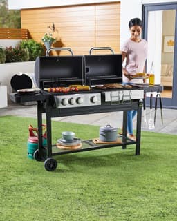 BBQ Master DUO Barbecue Houtskool én Gas! - Grilloppervlak (LxB) 105 x 74 cm - Warmhoudplaat - Kookplaat - Met Wielen - Zwart Design — thumbnail 3