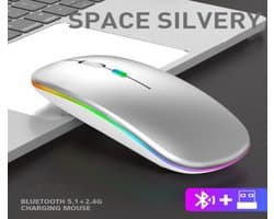 RujorTech Bluetooth Draadloze Muis Zilver - Oplaadbaar en Stil - Ergonomisch Design - 2.4G USB Ontvanger - RGB LED Verlichting - Geschikt voor Laptop, PC, Mac en Android - Universele Computermuis met 4 Knoppen en Geluidloze Klik