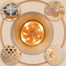 Bamboe Lampenkap Plafondventilator met Verlichting en Afstandsbediening - Stil Plafondlicht met 6 Snelheden en Omkeerbare Rotatie - Rieten Hanglamp voor Slaapkamer, Woonkamer en Keuken — thumbnail 2