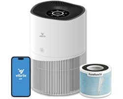 Vibrix PureFlow50 Luchtreiniger / Air Purifier – HEPA H13 + koolstoffilter – 350 m³/u – Voor kamers tot ca. 50 m² – Ionisator – App-bediening – Zeer stil met slaapstand – Luchtkwaliteitindicator