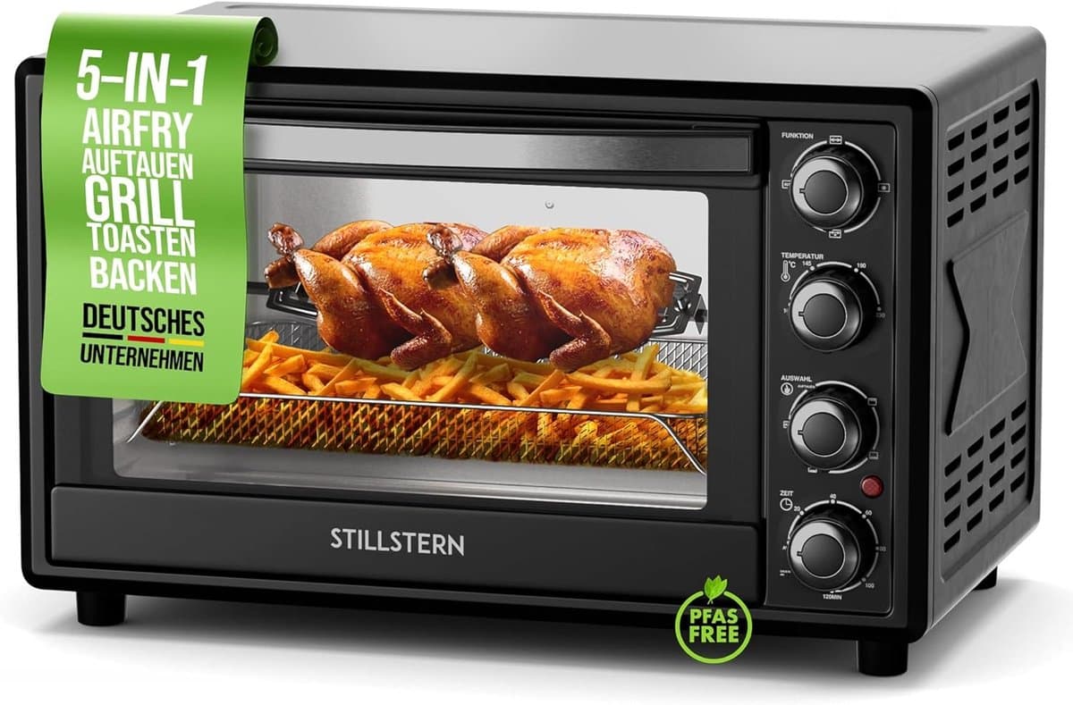 Stillstern mini heteluchtoven 35 l (DE-versie) pizza Ø28, CYCLONE PRO+ antiaanbaklaag, ontdooien, 2 uur timer, camping mini-heteluchtoven pizzaoven mini oven klein kipgrill met draaispies — afbeelding 1