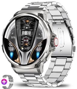 Knobbout 1.85” Scherm HD Sport Smartwatch – 710mAh Extra Grote Batterij – Bluetooth Bellen – RVS Bezel – Hartslagmeting/Bloeddrukmeting/Slaapmonitoring/Calorieverbruik – Android & iOS – Zilver Staal + Siliconen Band — thumbnail 1