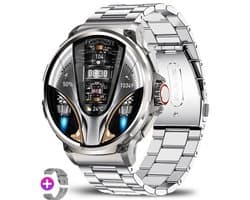 Knobbout 1.85” Scherm HD Sport Smartwatch – 710mAh Extra Grote Batterij – Bluetooth Bellen – RVS Bezel – Hartslagmeting/Bloeddrukmeting/Slaapmonitoring/Calorieverbruik – Android & iOS – Zilver Staal + Siliconen Band