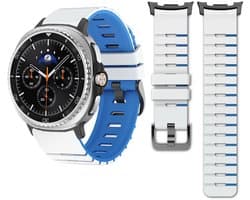Stravo Siliconen Horlogebandje met Piano-Key Look – Geschikt voor Samsung Galaxy Watch 8 40mm / 44mm / Classic 46mm – Tweekleurig Sportief Design Smartwatch Bandje - Wit/blauw