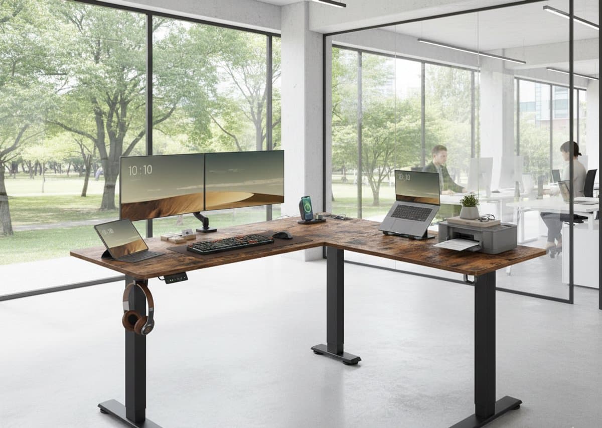 Elektrisch Hoek Zit-Sta Bureau L-Vorm 140x160cm – Hoogte Verstelbaar 72–120cm – 2 Geheugenstanden – Power Strip + USB – Stil & Super Stevig – Ergonomisch Sta Bureau voor Thuiswerk & Gaming – Vintage Brown & Zwart – House&Garden — afbeelding 1