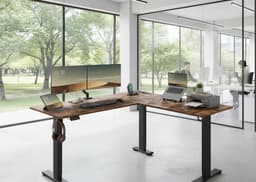 Elektrisch Hoek Zit-Sta Bureau L-Vorm 140x160cm – Hoogte Verstelbaar 72–120cm – 2 Geheugenstanden – Power Strip + USB – Stil & Super Stevig – Ergonomisch Sta Bureau voor Thuiswerk & Gaming – Vintage Brown & Zwart – House&Garden — thumbnail 1