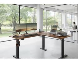 Elektrisch Hoek Zit-Sta Bureau L-Vorm 140x160cm – Hoogte Verstelbaar 72–120cm – 2 Geheugenstanden – Power Strip + USB – Stil & Super Stevig – Ergonomisch Sta Bureau voor Thuiswerk & Gaming – Vintage Brown & Zwart – House&Garden