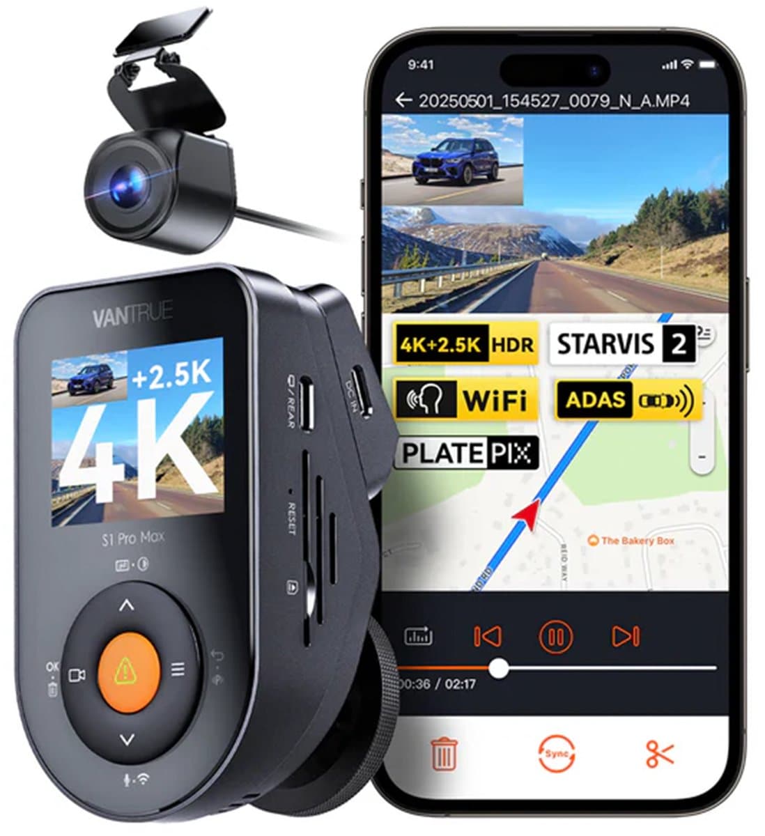 Vantrue S1 Pro Max 4K+4K (2160P+2160P) dashcam voor en achter, dubbele dashcamera met Starvis2 HDR PlatePix nachtzicht, 5 GHz WiFi, GPS, optionele Lte, parkeermodus — afbeelding 1