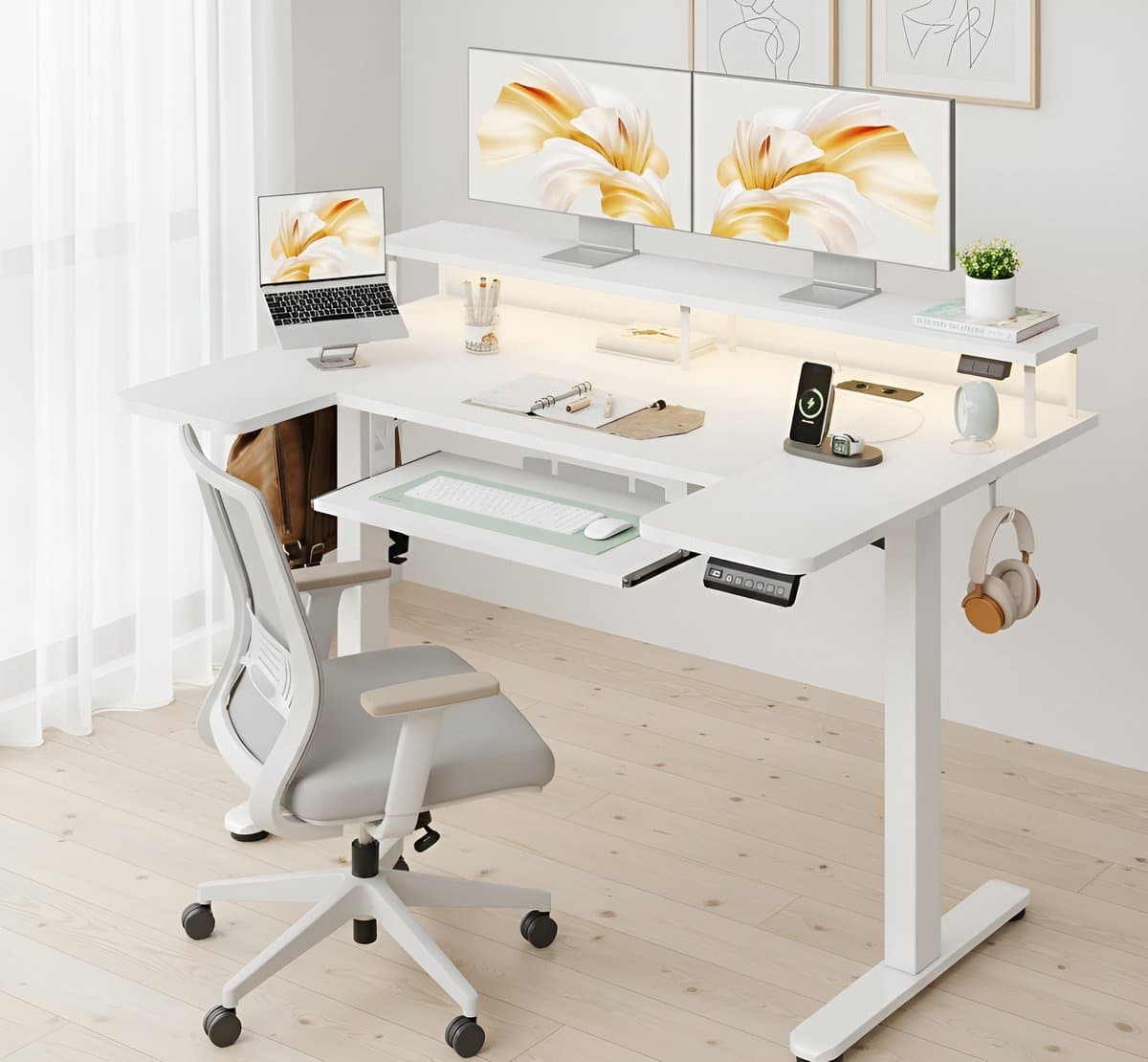Elektrisch verstelbaar U-vormig bureau 120x74 cm, sta-zittafel met monitorstandaard, USB-poorten en stopcontacten, RGB LED-verlichting, ergonomisch kantoor- en gamingbureau – HomeByNicole — afbeelding 1