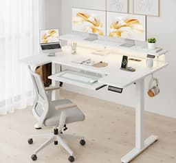 Elektrisch verstelbaar U-vormig bureau 120x74 cm, sta-zittafel met monitorstandaard, USB-poorten en stopcontacten, RGB LED-verlichting, ergonomisch kantoor- en gamingbureau – HomeByNicole — thumbnail 1