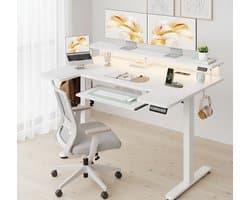 Elektrisch verstelbaar U-vormig bureau 120x74 cm, sta-zittafel met monitorstandaard, USB-poorten en stopcontacten, RGB LED-verlichting, ergonomisch kantoor- en gamingbureau – HomeByNicole