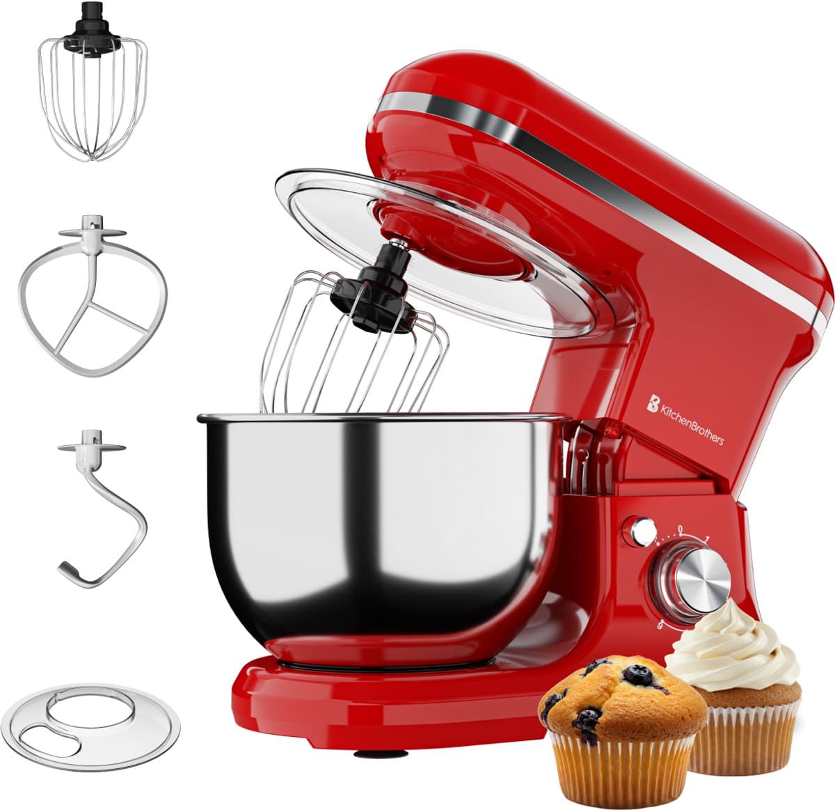 KitchenBrothers 1200W Keukenmachine - Keukenrobot - 5L - Mixer met Mengkom - BPA-vrij Keukenmixer - Rood — afbeelding 1
