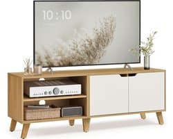 Industriële Tv-Meubel 140 cm – Tv-kast met Deuren & Verstelbare Planken – Tv-Meubel voor Televisies tot 60 inch – Moderne Woonkamer Kast in Natuurlijk Eiken & Crèmewit – Altameubel