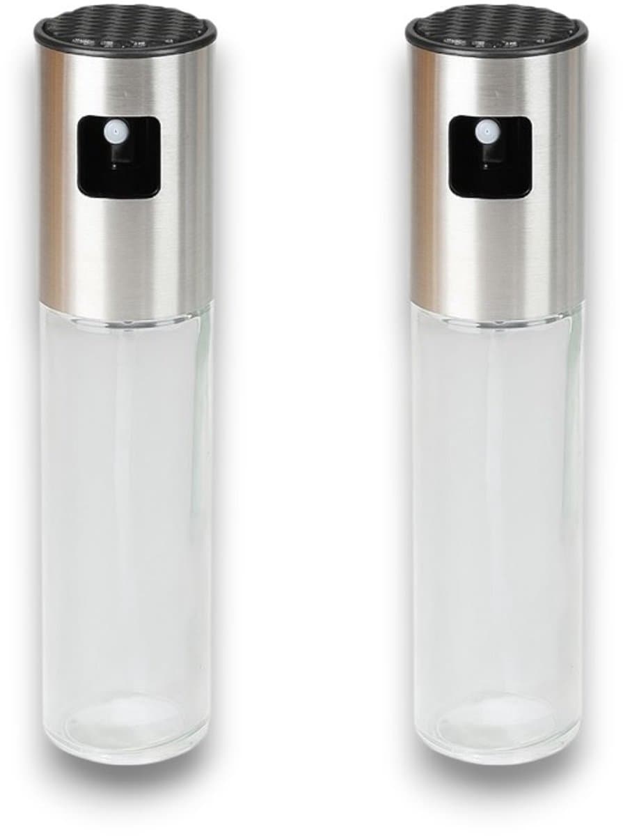 Olijfolie Sprayer Set – (2 stuks) – 100 ml – RVS/glas navulbare oliedispenser – fijne nevel voor salade, airfryer & barbecue — afbeelding 1