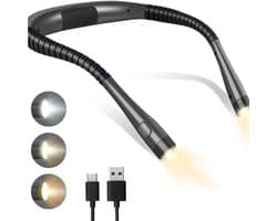 Nekbandleeslamp - 3 kleuren, 3 instelbare helderheidsniveaus - Oplaadbaar - Batterijduur van 6-80 uur - Flexibele lamparm - Geschikt voor lezen, breien, kamperen, naaien en reparaties