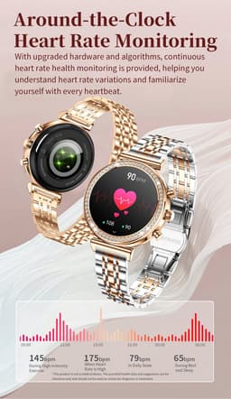 Knobbout Luxe Dames Smartwatch 1.27” met Kristallen – Bluetooth Bellen – HD Touchscreen – Hartslag, Bloeddruk & SpO₂ Monitoring – Vrouwelijke Gezondheidsfuncties – AI spraakassistent– IP68 Waterdicht – Rosé goud stalen horlogeband — thumbnail 11