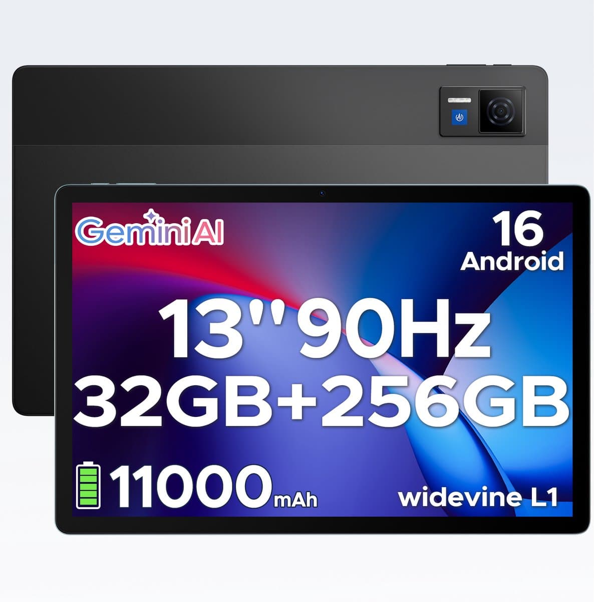DOOGEE U13 - Tablet - 32GB RAM + 256GB ROM/2TB - Android 16 - 13 inch 90Hz FHD - Gemini AI - 11000mAh/18W - 4 luidsprekers - 13MP + 5MP - 2.4G/5G WiFi - Widevine L1 - Bluetooth 5.0 - OTG - GPS - Face ID - Zwart — afbeelding 1