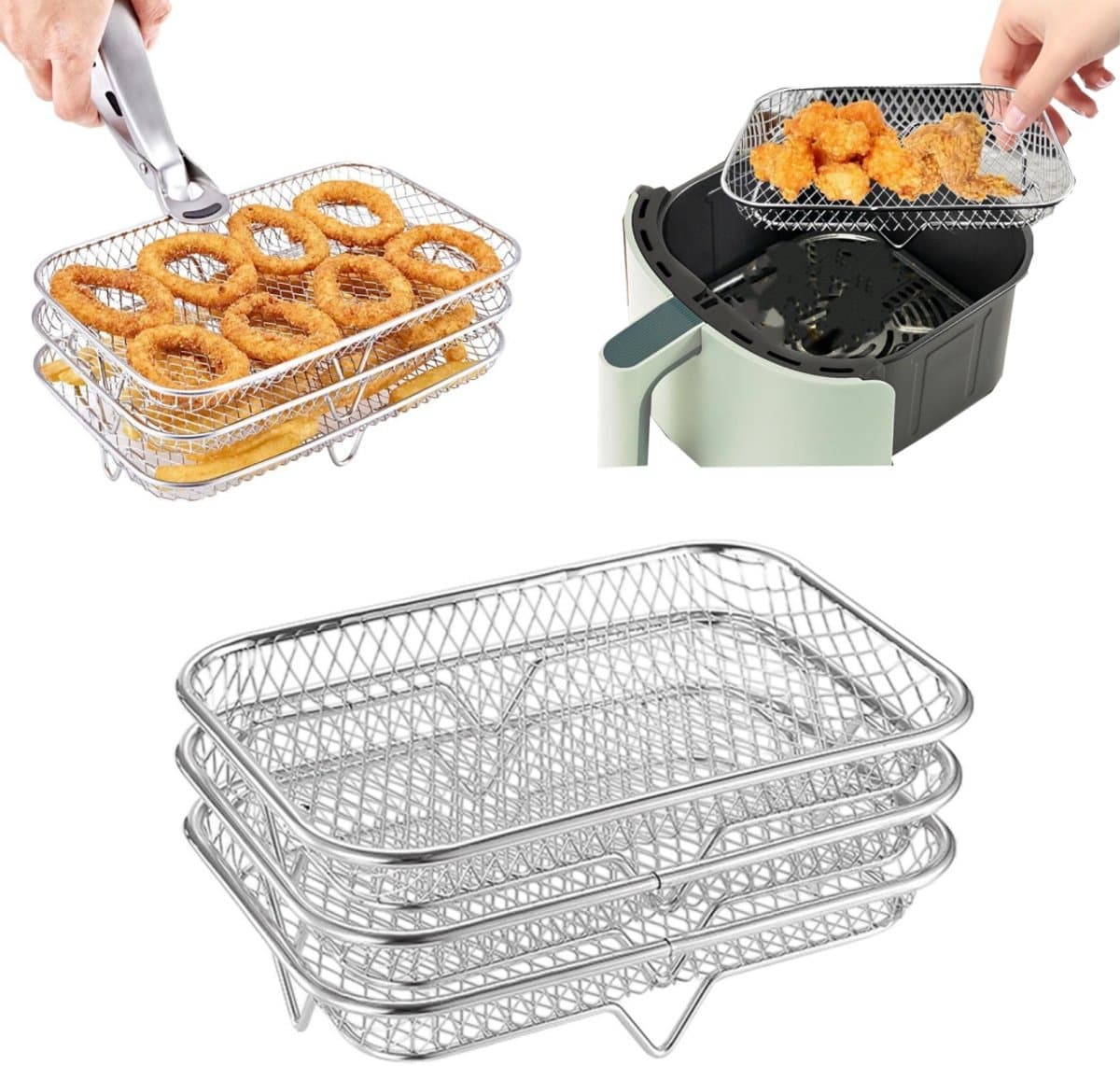 3 laags frituurpan - BBQ rek - Steak Koelrek - Stapelbaar droogrek - Ovenrooster - Geschikt voor ovens en airfryers voor het drogen, grillen en frituren van voedsel (19*13,5 cm - Zilver) — afbeelding 1