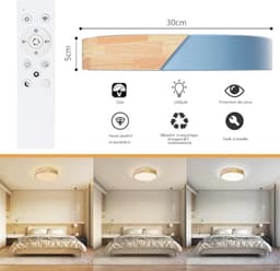 Dimbare Houten Plafondlamp - 3000K-6000K LED Lamp met Afstandsbediening - Moderne Verlichting voor Woonkamer, Slaapkamer en Hal - 32W, 30 cm, Blauw — thumbnail 1