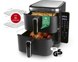 GOURMETmaxx FryUp verticale dubbelkamer heteluchtfriteuse 10L met klapbaar touchscreen – 4 gerechten op 4 niveaus – 32% ruimtebesparing