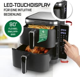 GOURMETmaxx FryUp verticale dubbelkamer heteluchtfriteuse 10L met klapbaar touchscreen – 4 gerechten op 4 niveaus – 32% ruimtebesparing — thumbnail 9