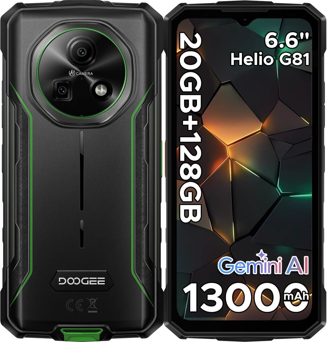 DOOGEE Fire 5 Pro 4G- Rugged Smartphone- 20 GB ROM+128 GB ROM/2 TB TF - 13000 mAh/18W - 6,6inch HD+ 90Hz- Android 15- MediaTek Helio G81 - Gemini AI - NFC- Face ID - IP68 - Groen — afbeelding 1