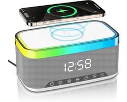 Bluetooth speaker met draadloos opladen en digitale klok, LED display, 15W Qi opladen, 2x10W speaker, 6 sfeerlampen, BT5.3/AUX/TF/USB-wit